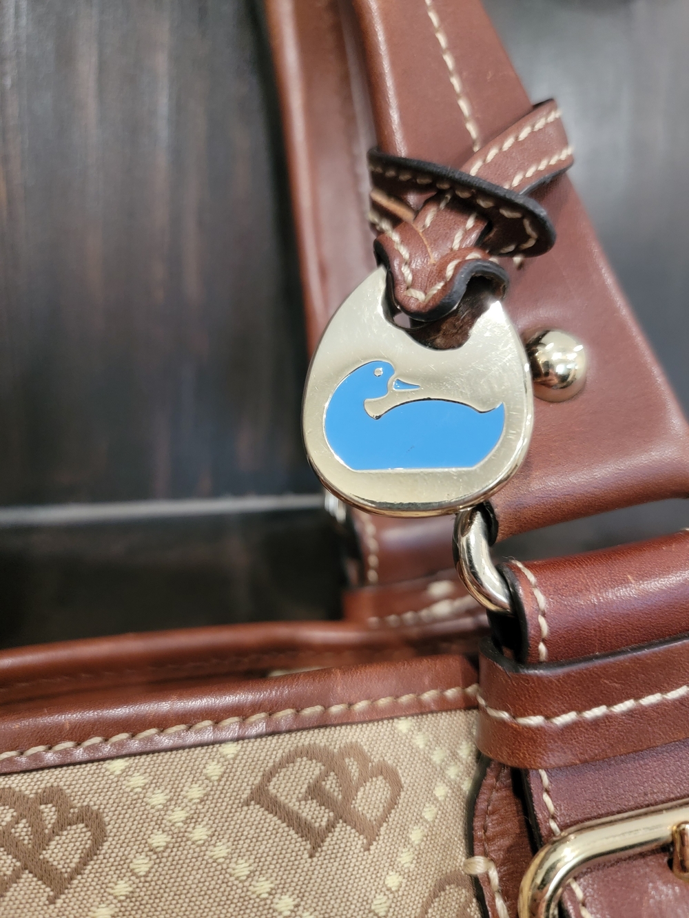 Dooney & Bourke Brown and Blue Logo Charm Tote